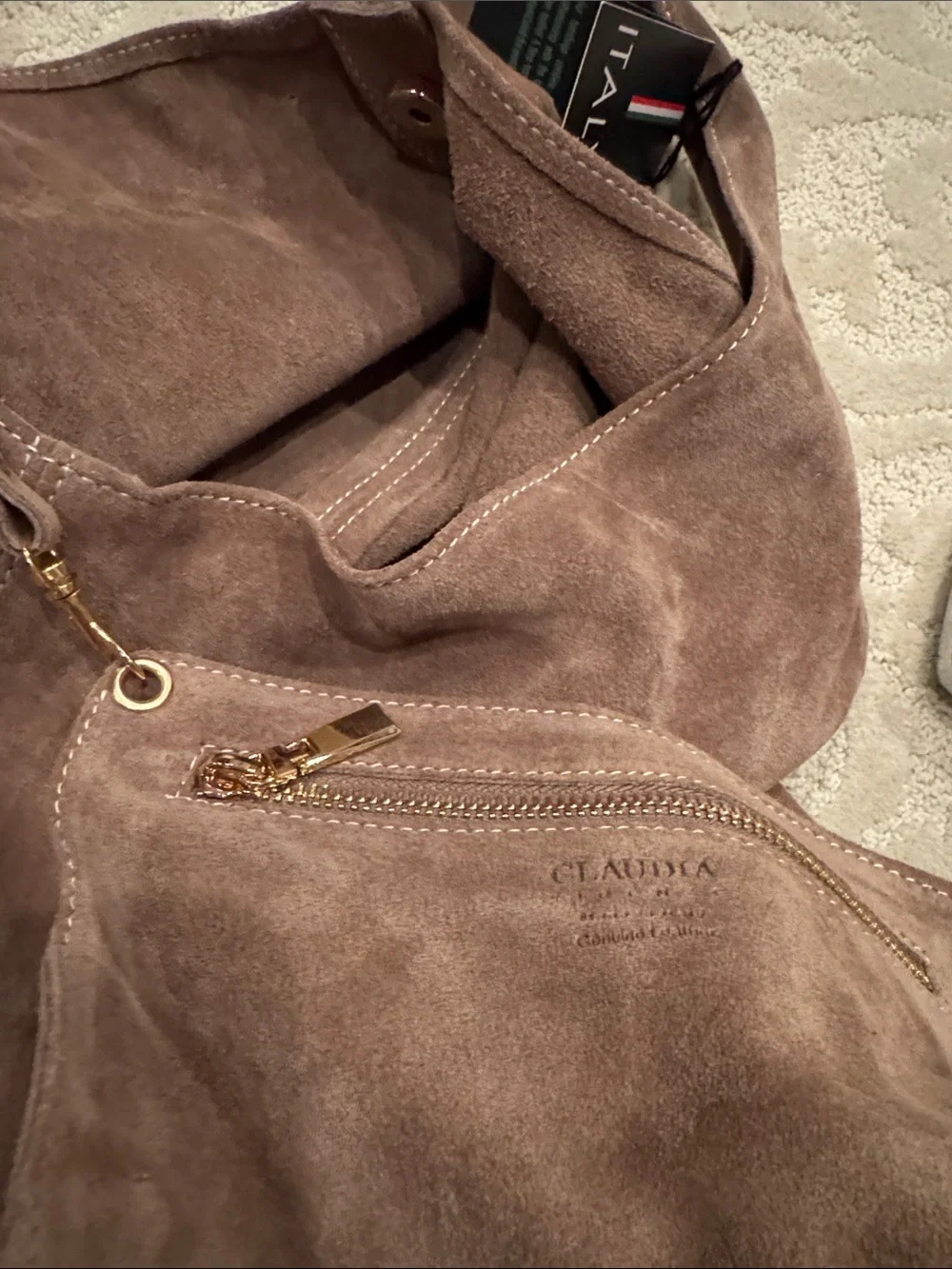 Italia Claudia Firenze Genuine Leather Suede Hobo Tote - Brown / Taupe - New